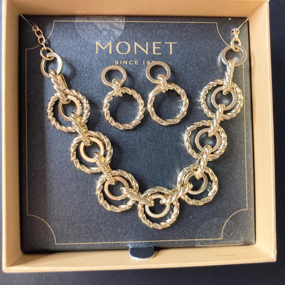 Monet Gold Twisted Link Necklace with Matching Hoop Earrings